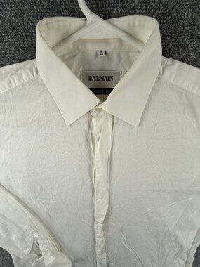 Balmain Men Long Sleeve Shirt Pur Cotton White Size 3 (40) Hidden Buttons Woven
